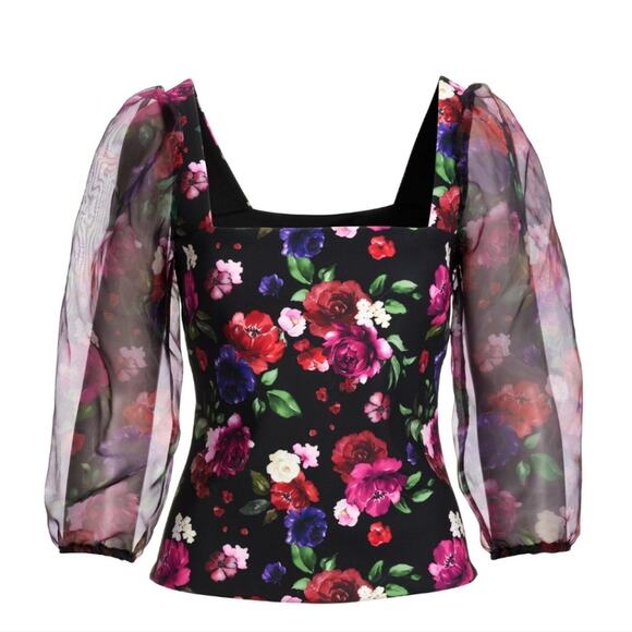 Boston Proper Floral Scuba And Organza Sleeve Top Small - Picture 2 of 11